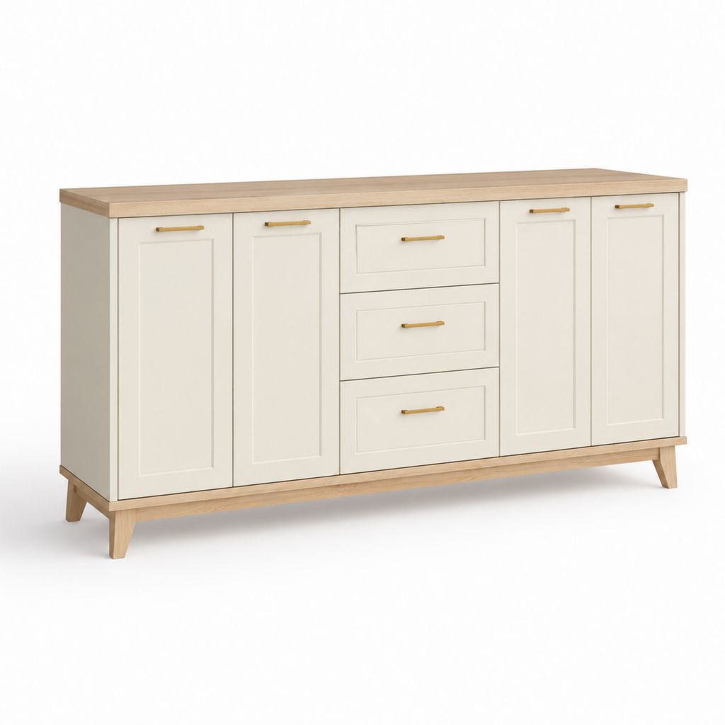 Buffet rectangulaire en bois massif MDF, 4 portes et 3 tiroirs, blanc cassé et chêne naturel, 160 × 40 × 85 cm