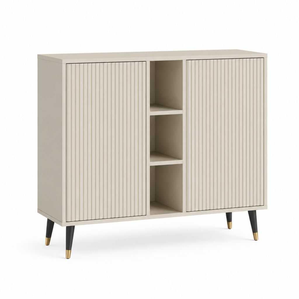 Croyance beige à 2 portes en MDF et panneau truciolaire avec 3 compartiments ouverts, 120 × 40 × 90 cm