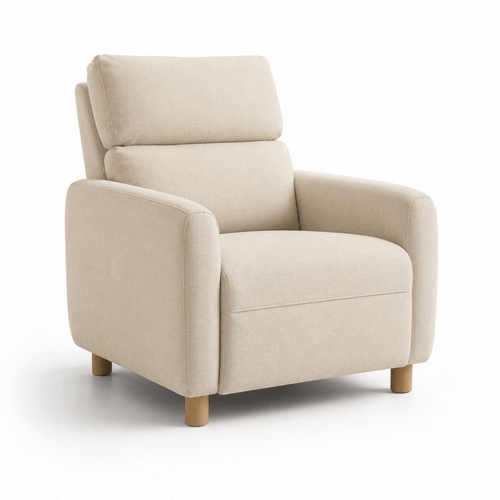 Fauteuil inclinable manuel en tissu beige avec dossier haut et jambes en bois, 80 × 92 × 104 cm