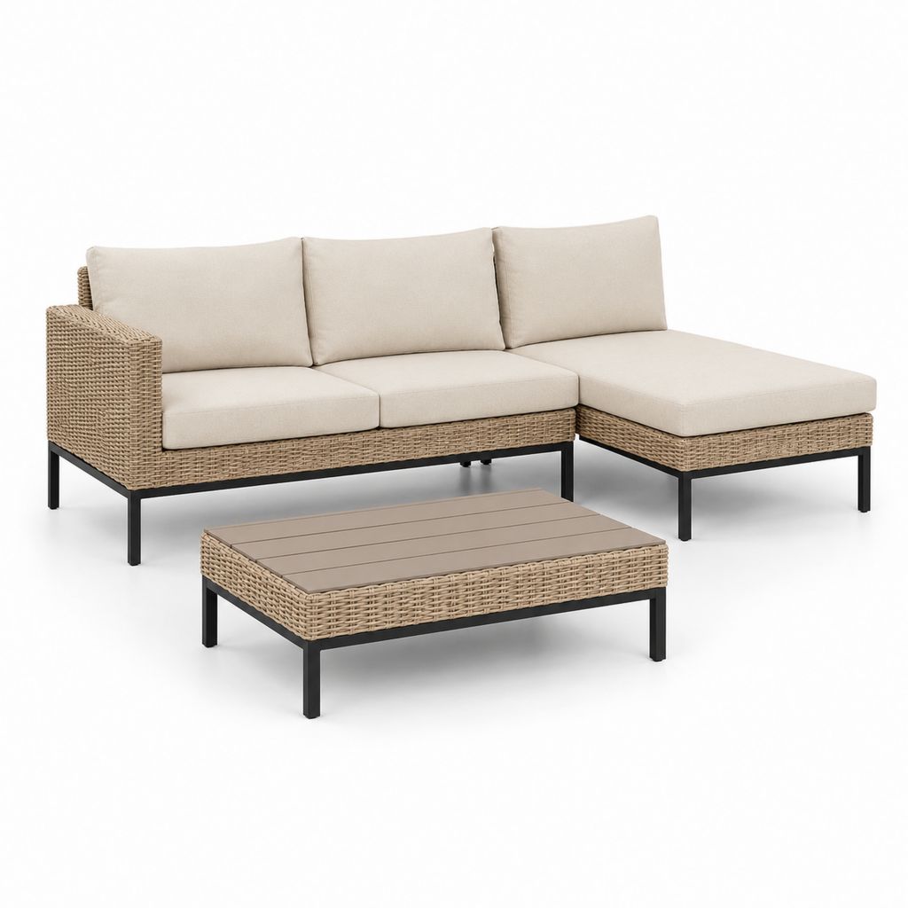 Set salon de jardin 3 pièces avec canapé angulaire droit en polyrattan beige et acier noir 220 × 150 × 76 cm et table basse 100 × 60 × 38 cm