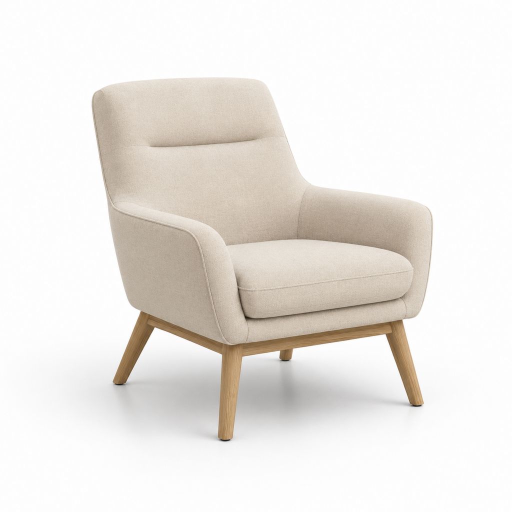 Fauteuil rembourré en tissu beige avec pieds en bois, 78 × 82 × 91 cm