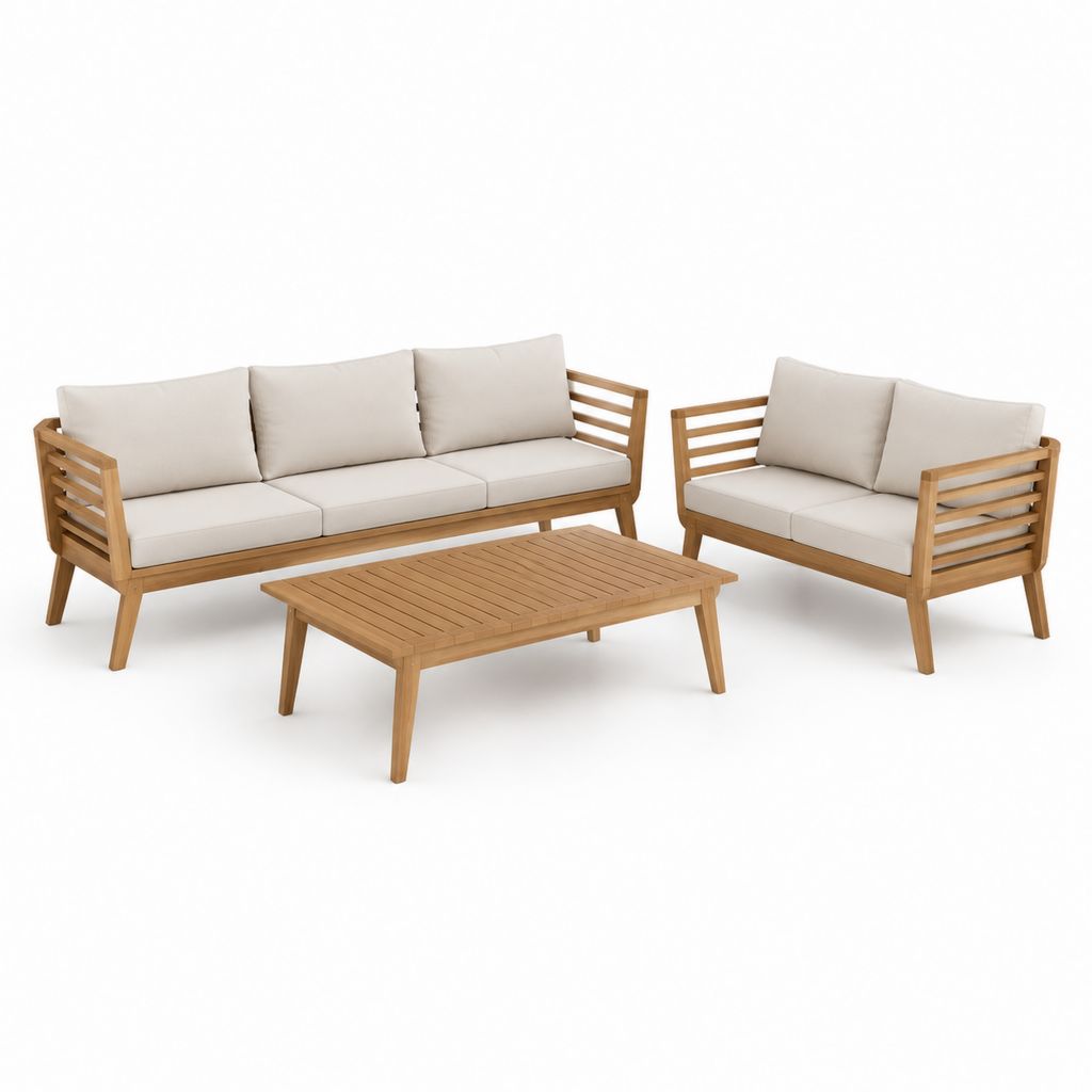 Set salon de jardin 3 pièces en bois massif d'acacia marron et beige, canapé 3 places 182 × 75 × 76 cm, canapé 2 places 126 × 75 × 76 cm et table basse 110 × 60 × 40 cm