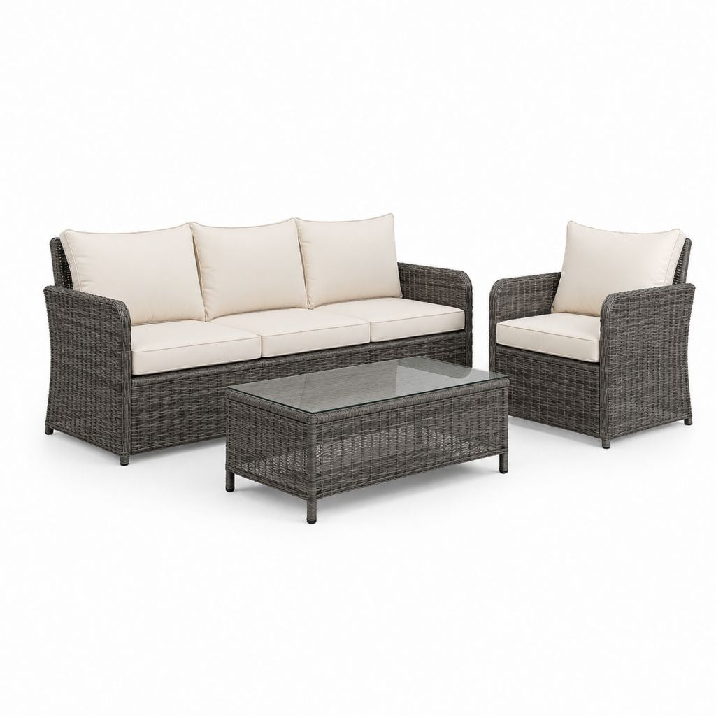 Set salon de jardin 3 pièces en résine tressée PE gris anthracite et beige, canapé 185 × 75 × 80 cm, fauteuil 75 × 75 × 80 cm et table basse 100 × 55 × 43 cm