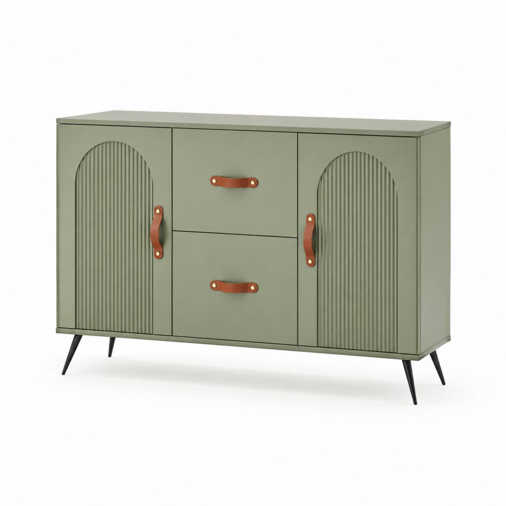 Croyance rectangulaire verte olive en MDF et acier avec 2 portes et 2 tiroirs, 120 × 40 × 90 cm