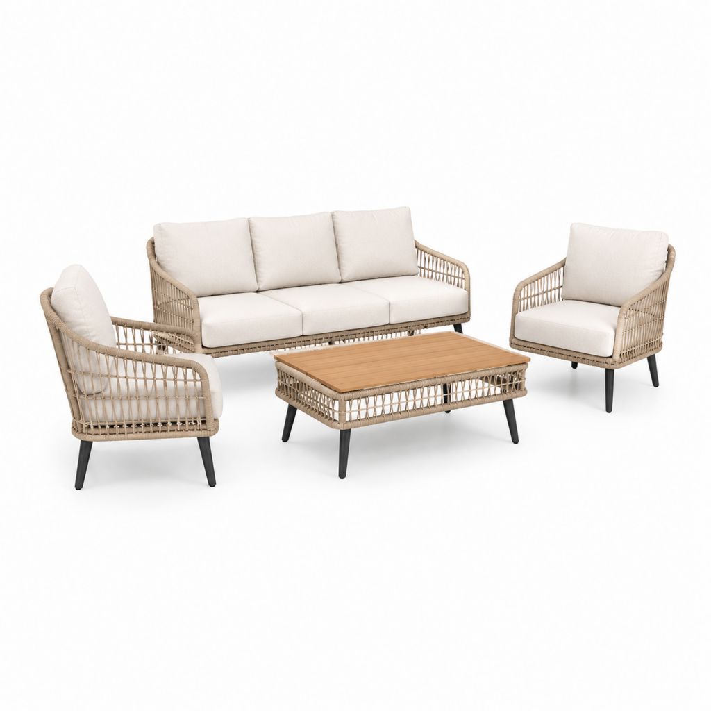 Set salon de jardin 4 pièces en résine tressée PE beige avec coussins crème, canapé 190 × 78 × 78 cm, 2 fauteuils 75 × 78 × 78 cm et table 110 × 60 × 40 cm