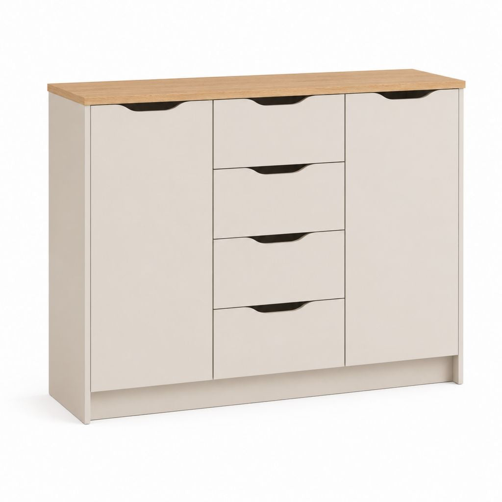Buffet rectangulaire en panneau truciolaire mélaminé avec 2 portes et 4 tiroirs, beige, chêne et noir, 120 × 40 × 90 cm