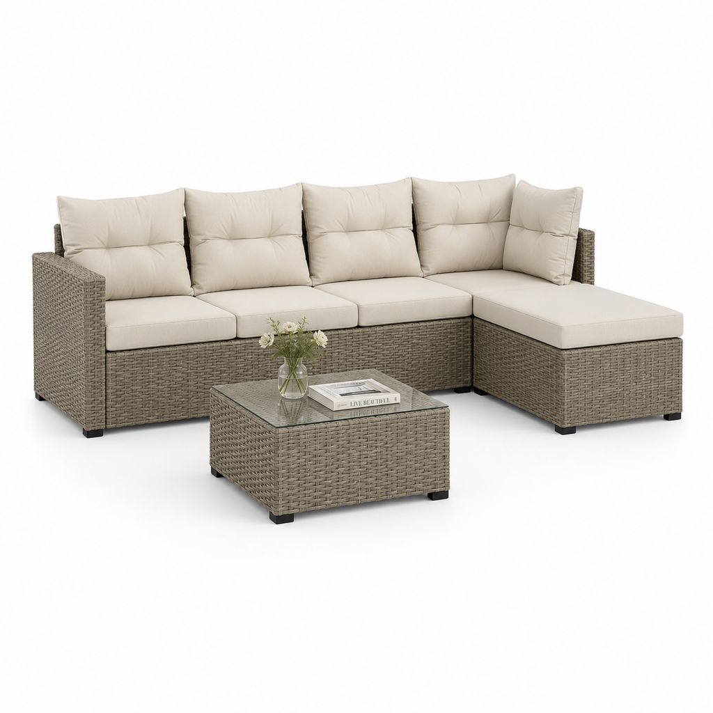 Canapé angulaire d'extérieur à 4 places avec péninsule droite et table basse en résine tressée PE tourterelle, coussins beige, 240 × 180 × 78 cm