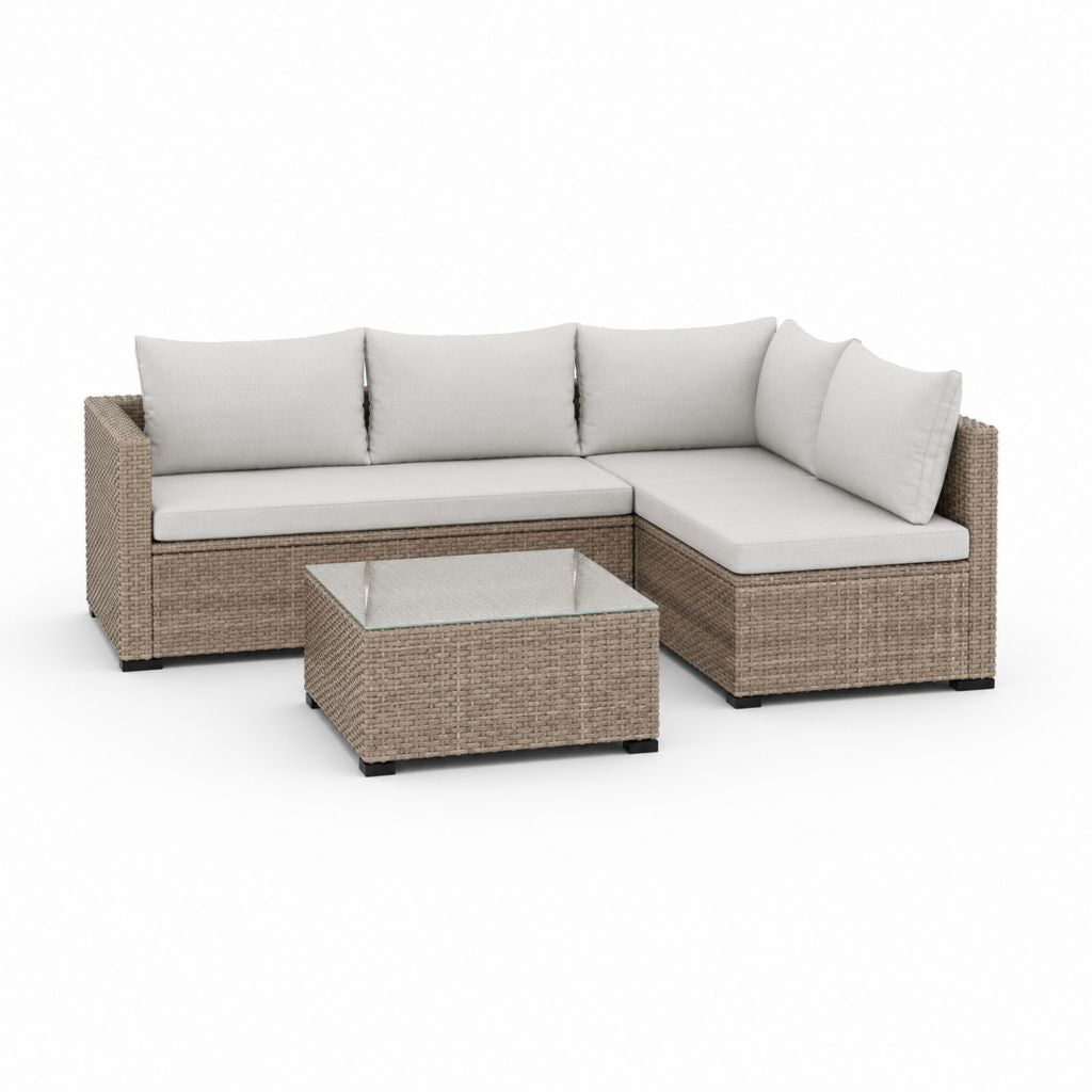 Salon d'angle de jardin à 4 places en résine tressée PE avec table basse, 3 pièces, beige taupe et gris clair, 190 × 130 × 66 cm