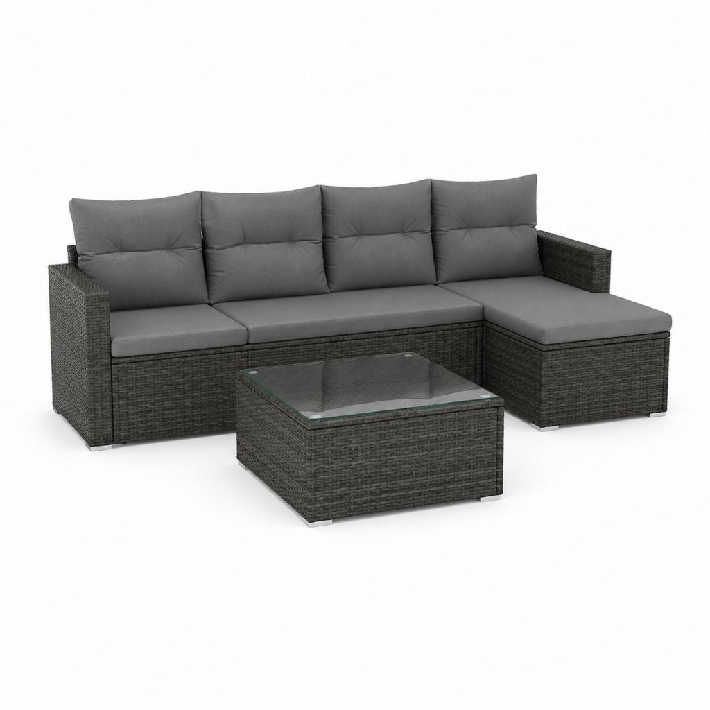 Set de jardin 2 pièces en rotin synthétique anthracite gris, canapé angulaire à 4 places avec péninsule droite 240 × 150 × 85 cm et table basse 70 × 70 × 38 cm
