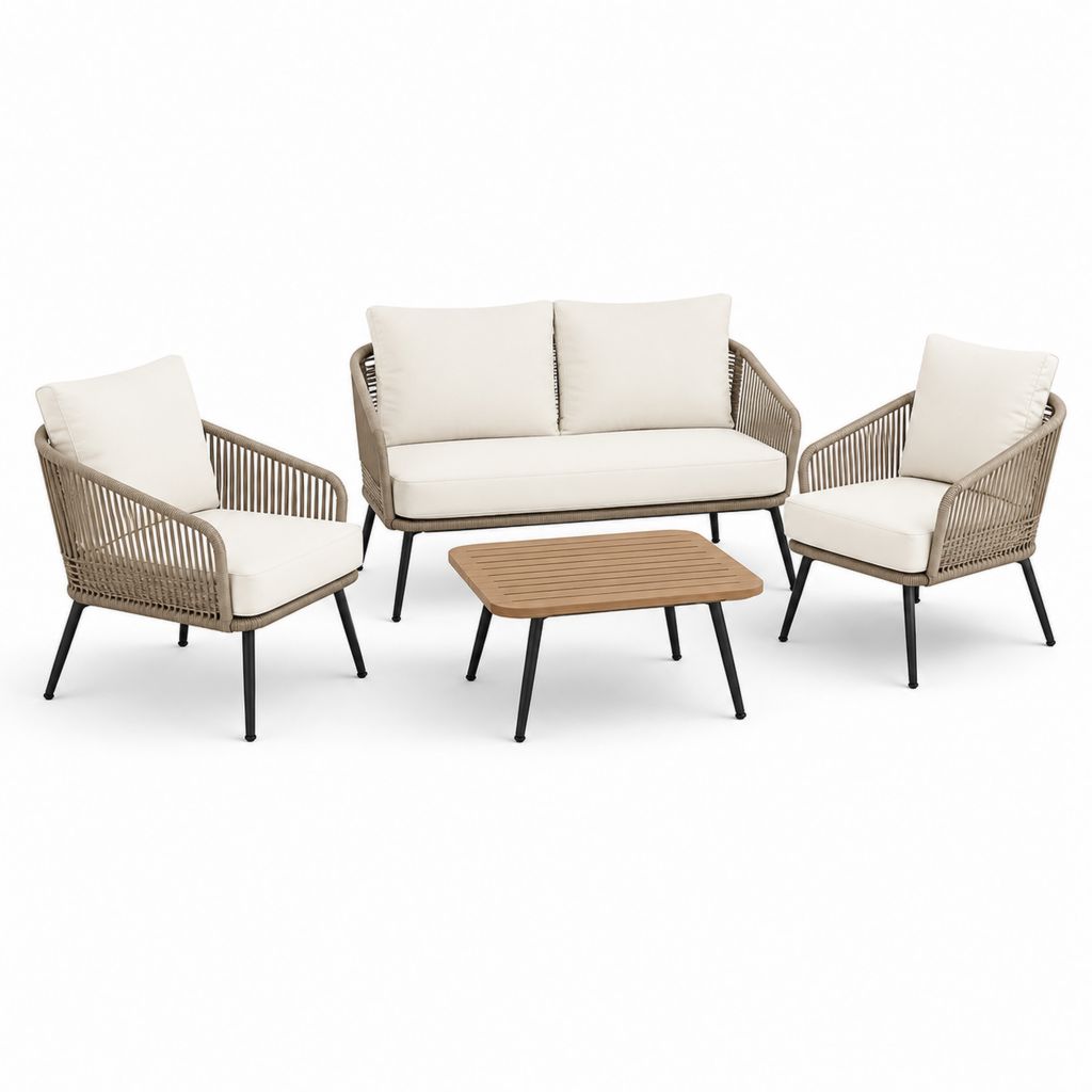 Salon de jardin 4 pièces en acier et corde beige avec coussins crème, canapé 128 × 72 × 78 cm, fauteuils 67 × 72 × 78 cm, table basse 90 × 55 × 40 cm