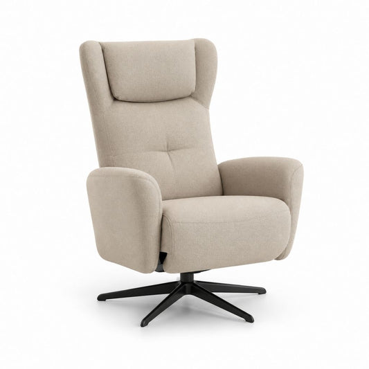 Fauteuil inclinable pivotant en tissu beige avec base en métal noir, 77 × 86 × 105 cm