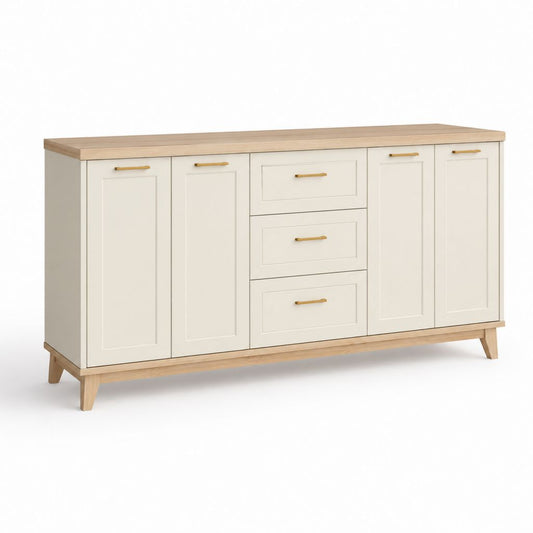 Buffet rectangulaire en bois massif MDF, 4 portes et 3 tiroirs, blanc cassé et chêne naturel, 160 × 40 × 85 cm