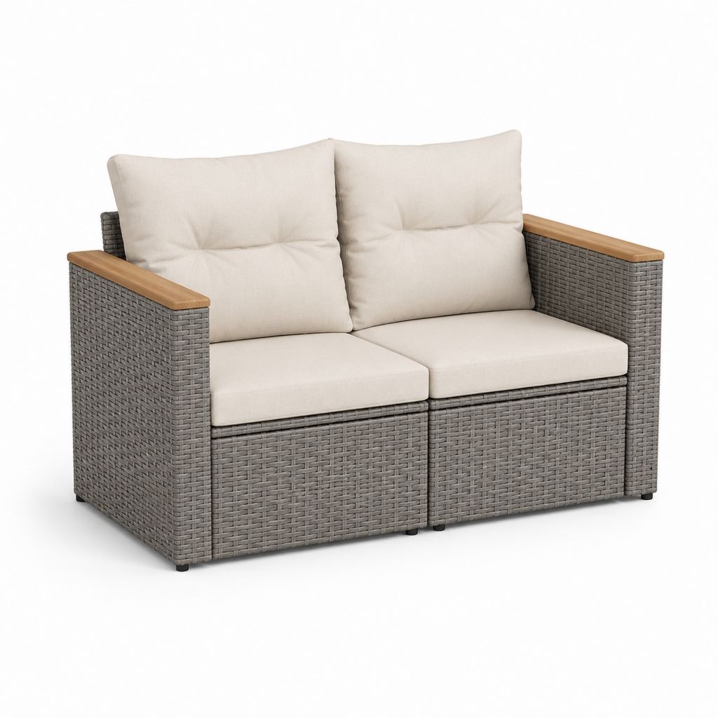 Canapé de jardin rectangulaire à 2 places en résine tressée PE et acier avec coussins beige, 134 × 74 × 85 cm, gris