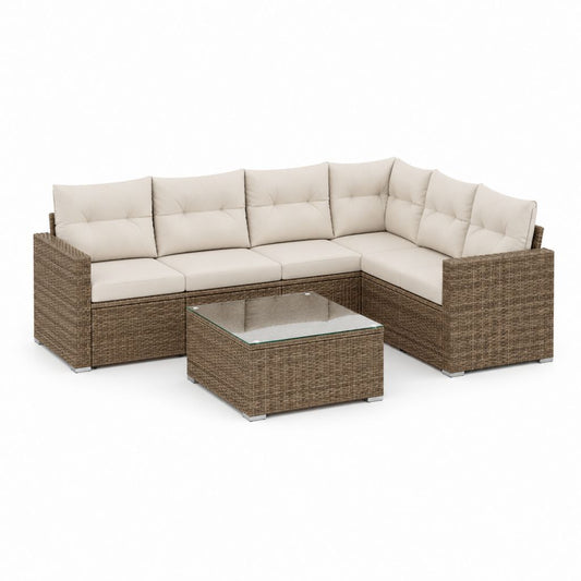 Salon d'angle d'extérieur à 5 places en résine tressée PE marron avec coussins crème, 230 × 230 × 68 cm, table basse 70 × 70 × 35 cm