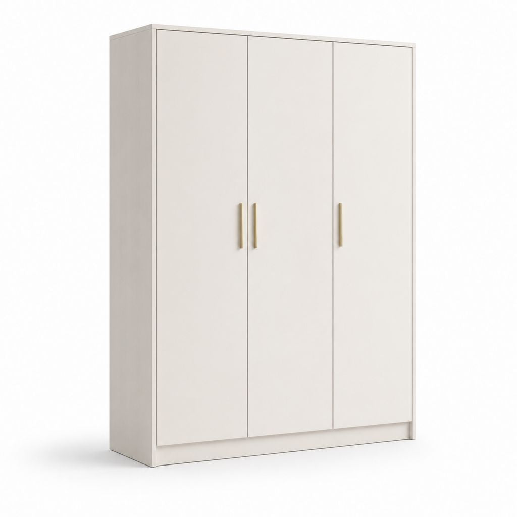 Armoire de garde-robe à 3 portes en panneau truciolaire mélaminé blanc ivoire avec poignées d'or, 120 × 50 × 180 cm