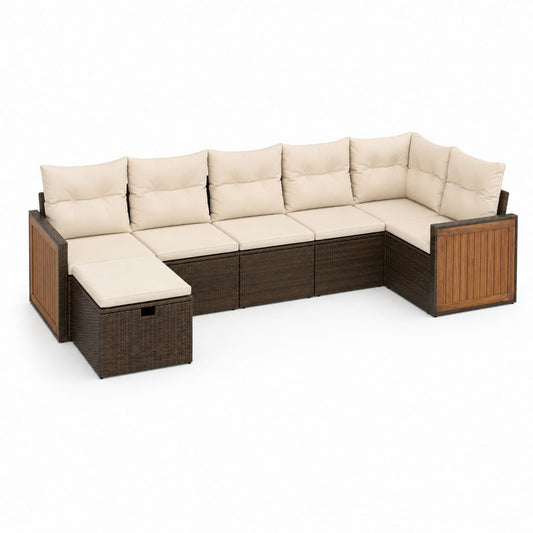 Canapé modulaire de jardin en U à 6 places en polyrattan et bois avec coussins crème, 294 × 190 × 85 cm