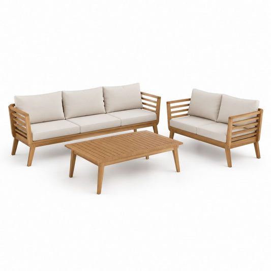 Set salon de jardin 3 pièces en bois massif d'acacia marron et beige, canapé 3 places 182 × 75 × 76 cm, canapé 2 places 126 × 75 × 76 cm et table basse 110 × 60 × 40 cm