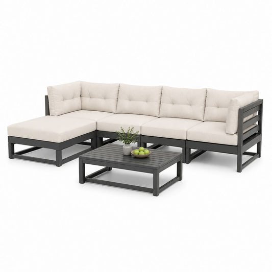 Ensemble de canapé de jardin angulaire à L 4 places avec chaise longue et table basse en bois, gris foncé et beige, 230 × 156 × 75 cm