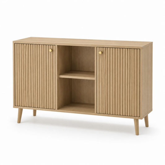 Buffet croyant en bois avec 2 portes rainurées et 2 compartiments ouverts, chêne naturel et or, 120 × 40 × 80 cm