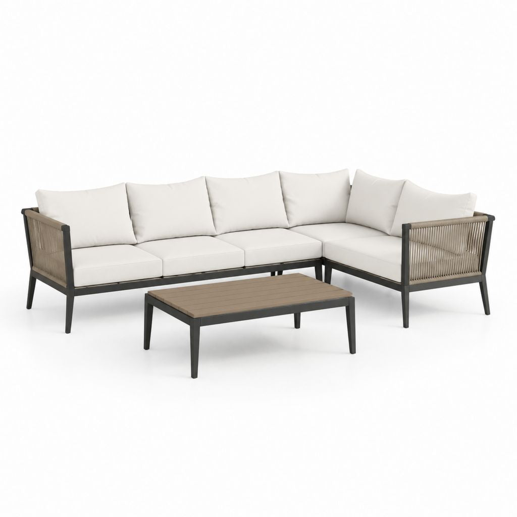 Salon angulaire de jardin 5 places en métal et corde, 3 pièces avec table basse, ivoire, anthracite et tourterelle, 250 × 190 × 74 cm