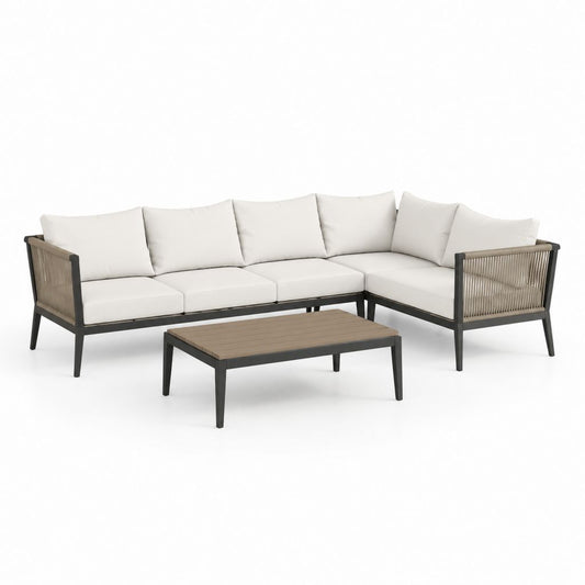 Salon angulaire de jardin 5 places en métal et corde, 3 pièces avec table basse, ivoire, anthracite et tourterelle, 250 × 190 × 74 cm