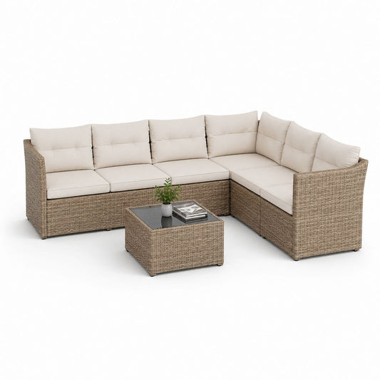 Ensemble angulaire de jardin à 5 places avec canapé et table basse en polyrattan beige et tourterelle, 250 × 190 × 74 cm