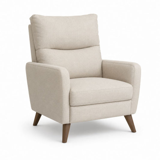 Fauteuil rembourré beige avec dossier haut, accoudoirs et jambes en bois brun noyer, 82 × 88 × 102 cm