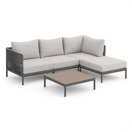 Ensemble salon angulaire d'extérieur à 3 places en métal anthracite avec coussins gris clair et table basse, 230 × 155 × 75 cm