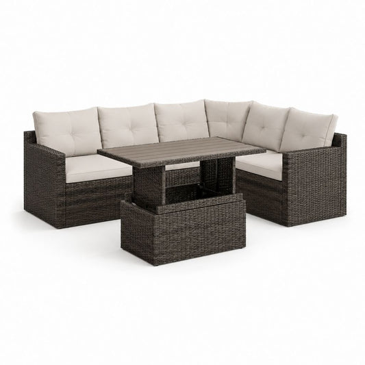 Set salon de jardin extérieur 3 pièces en polyrattan brun foncé avec coussins beige, canapé angulaire 231 × 171 × 85 cm, table 145 × 74 × 67 cm et banc