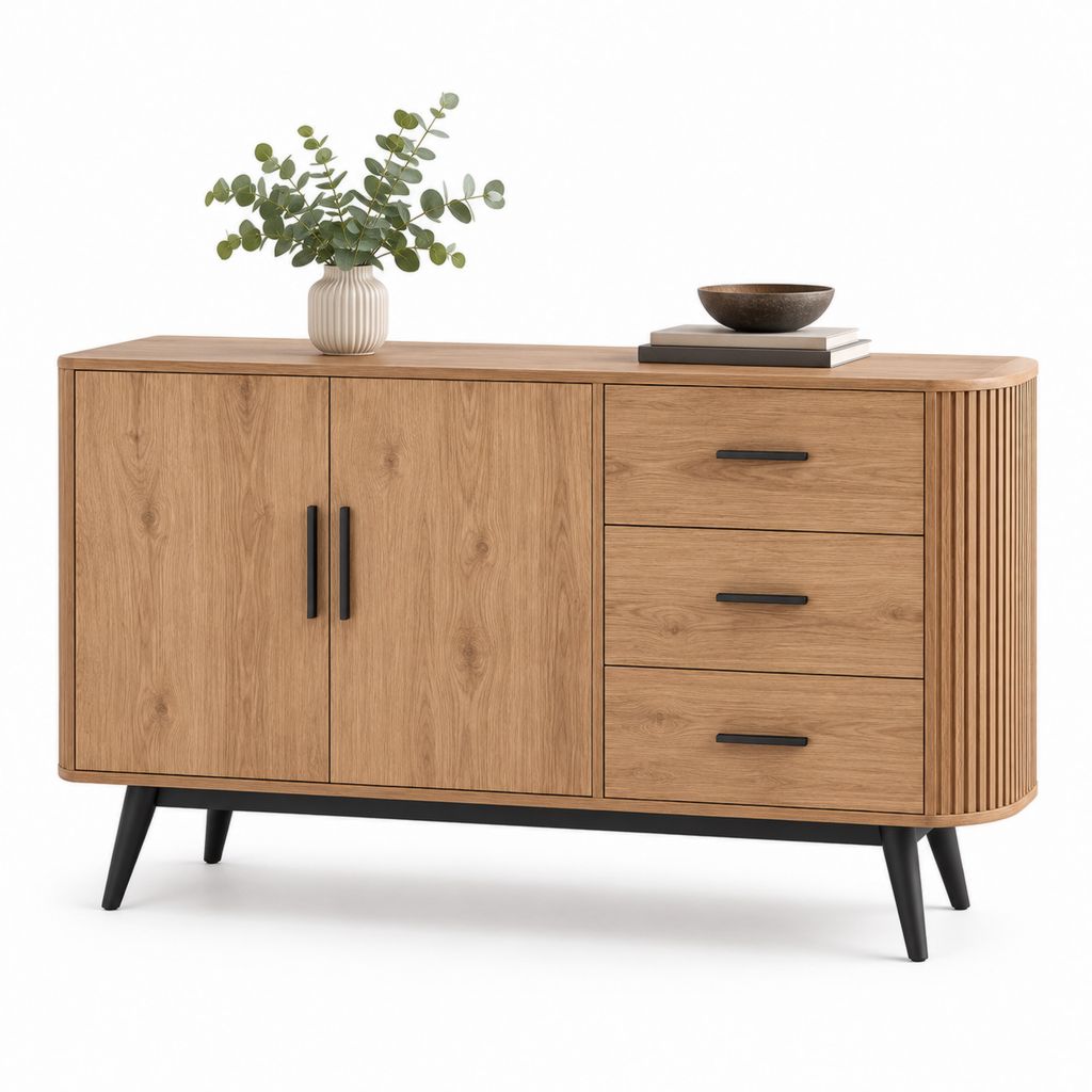 Buffet de buffet rectangulaire en panneau truciolaire mélaminé effet chêne naturel avec 2 portes, 3 tiroirs et jambes noires, 160 × 40 × 80 cm
