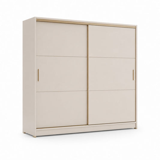 Armoire de garde-robe rectangulaire en panneau de melaminico beige avec 2 portes coulissantes et profils dorés, 180 × 60 × 200 cm