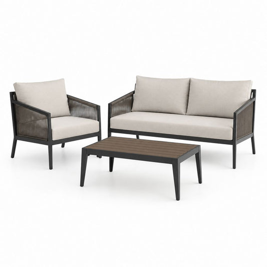 Salon de jardin 3 pièces en acier anthracite, tourterelle, beige et marron avec canapé 140 × 75 × 78 cm, fauteuil 75 × 75 × 78 cm et table basse 90 × 50 × 38 cm