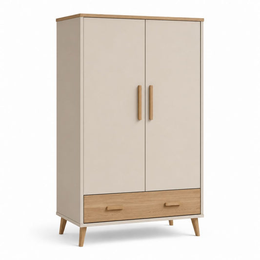 Armoire rectangulaire en MDF beige et chêne naturel avec 2 portes et 1 tiroir, 100 × 52 × 180 cm