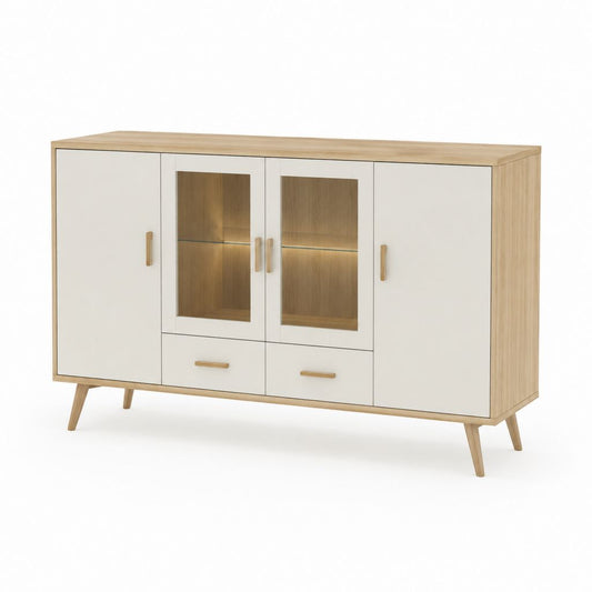 Buffet MDF et verre avec 4 portes et 2 tiroirs, blanc mat et chêne naturel, 160 × 40 × 95 cm