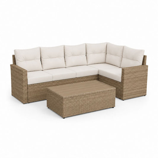 Salon d'angle de jardin à 5 places, 4 pièces, en résine tressée PE brun clair avec oreillers crème, 237 × 237 × 74 cm, table basse 110 × 60 × 34 cm