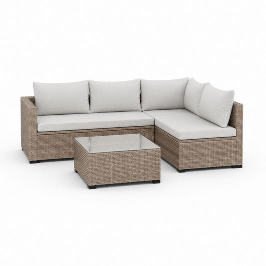 Salon d'angle de jardin à 4 places en résine tressée PE avec table basse, 3 pièces, beige taupe et gris clair, 190 × 130 × 66 cm